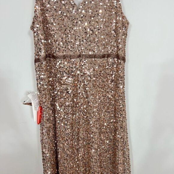 Mac Duggal Wrap Gown Womens 16 Copper V-Neck Thigh High Slit Sequin Beaded Waist - Picture 9 of 12